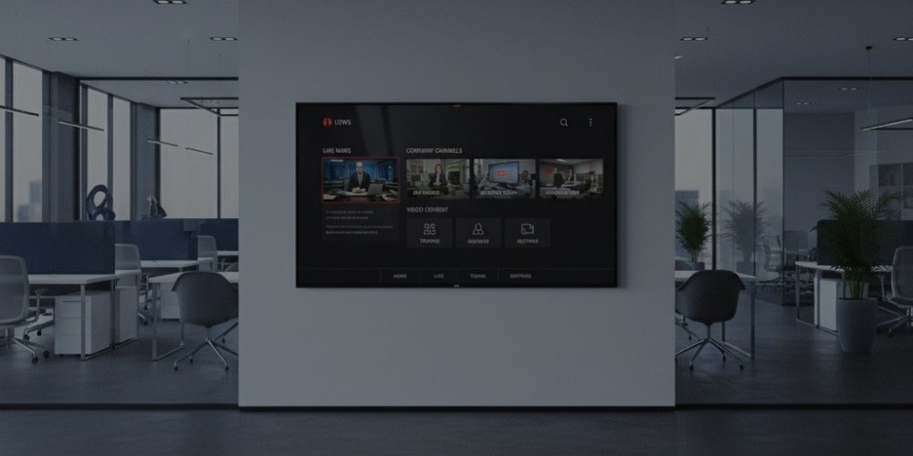 IPTV for Business setup displaying corporate communication screens in modern office