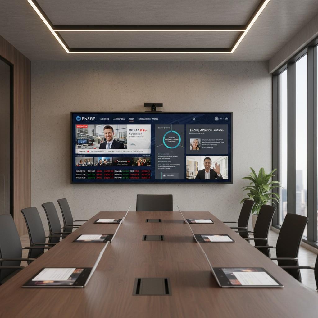 Corporate TV network showing live meetings and company news on IPTV system