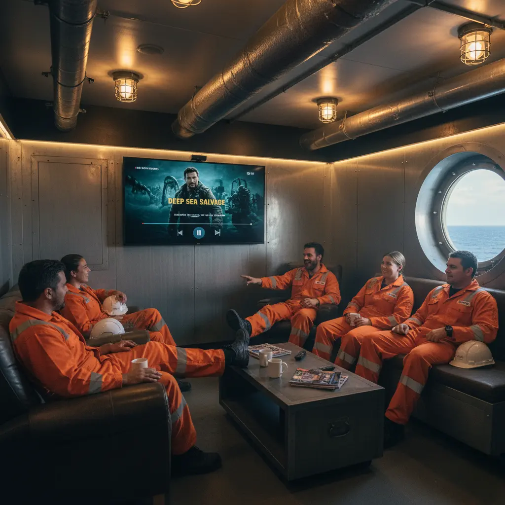 Crew members watching HD IPTV content on an oil-platform television screen