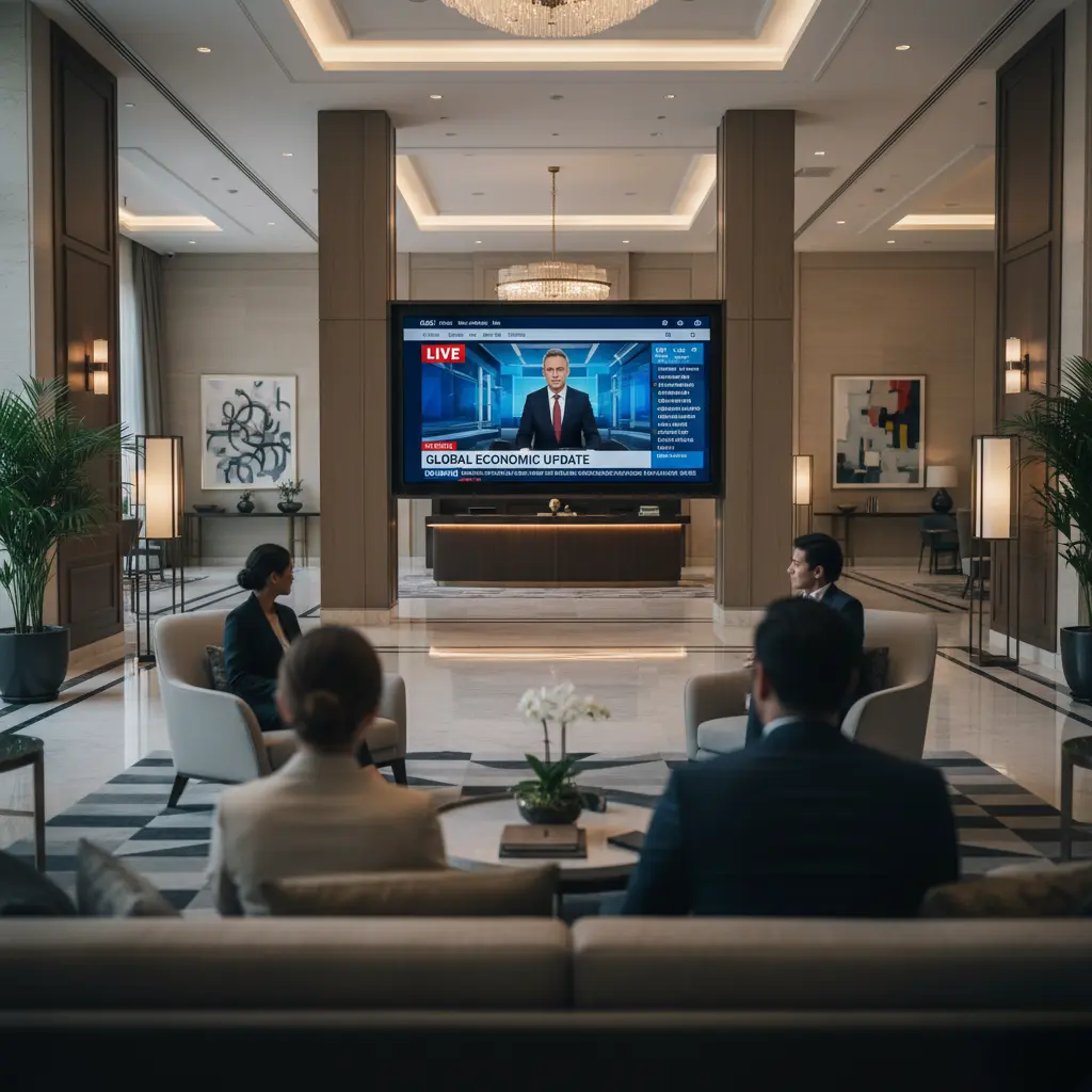 Hotel lobby TV setup – TV for Hotels enhancing guest experience with premium channels.