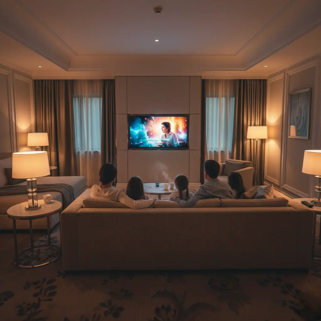 Modern hotel TV wall installation – Satellite TV for Hotels offering crystal-clear HD quality.