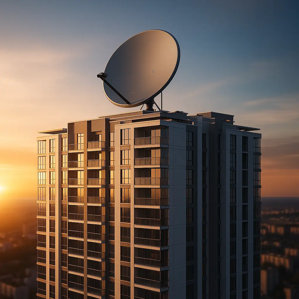 Satellite TV for residential building connected to multiple apartments